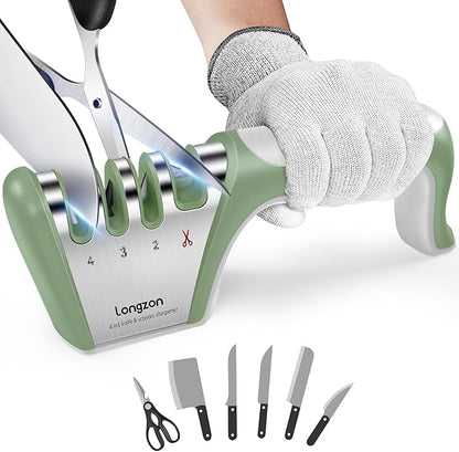 Longzon 5-in-1 Knife Sharpener 4 Stage with Cut-Resistant Glove, Quickly Sharpens & Restores Dull Blades, Easy & Safe for Home Kitchen Use, Fits Most Knives and Scissors, Gray+Green