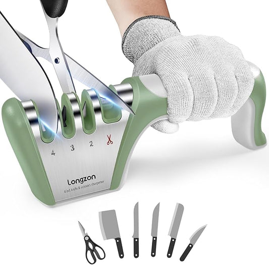 Longzon 5-in-1 Knife Sharpener 4 Stage with Cut-Resistant Glove, Quickly Sharpens & Restores Dull Blades, Easy & Safe for Home Kitchen Use, Fits Most Knives and Scissors, Gray+Green