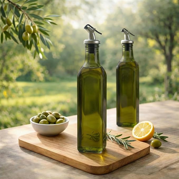 WERTIOO Green Olive Oil Dispenser Bottle,17oz Glass Oil and Vinegar Dispenser for Kitchen, 500ml Glass Bottles for Vinegar Oliveoil with Label and Funnel