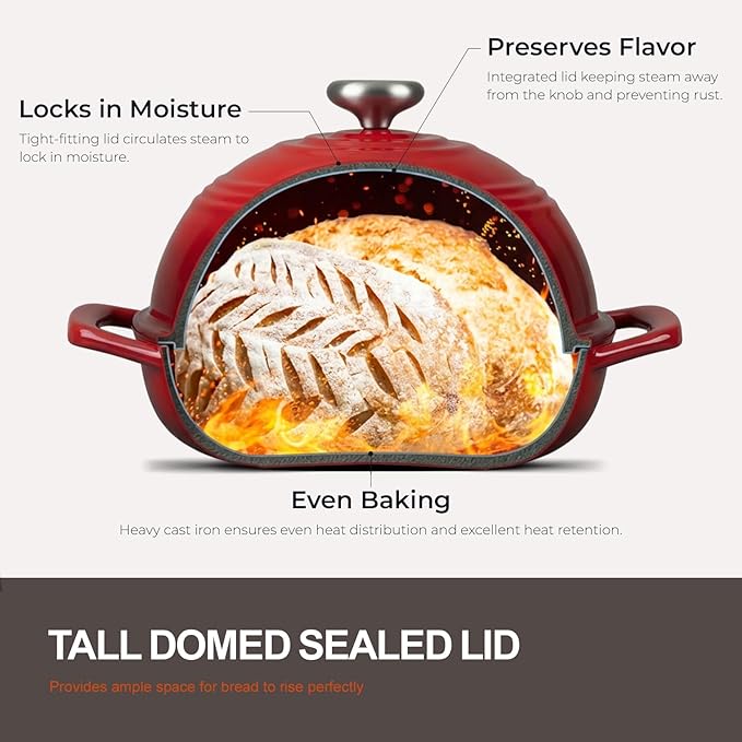Overmont 6QT Enameled Cast Iron Bread Oven — Taller Body for Even Baking, Durable & Easy-to-Clean, Includes Dome Lid, Cotton Potholders & Cookbook, Perfect for Home Bakers & Sourdough Enthusiasts