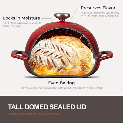 Overmont 6QT Enameled Cast Iron Bread Oven — Taller Body for Even Baking, Durable & Easy-to-Clean, Includes Dome Lid, Cotton Potholders & Cookbook, Perfect for Home Bakers & Sourdough Enthusiasts