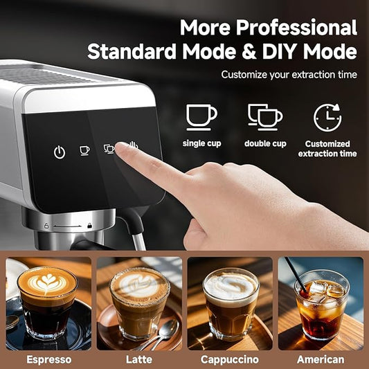 AMZCHEF Espresso Machine 20 Bar, Compact Coffee Maker with LED Touch Screen & Steam Milk Frother, Espresso Maker with 41oz Removable Water Tank for Home & Office, Coffee Machine for Cappuccino, Latte