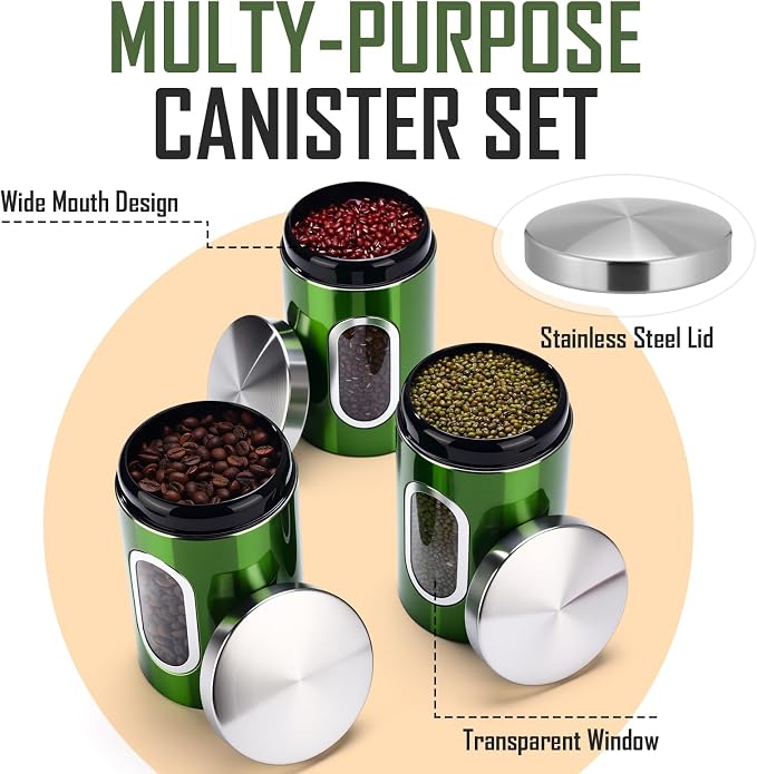 Zopeal 6 Pack Green Canisters Sets For Kitchen 50oz Stainless Steel Kitchen Canisters with Transparent Windows Flour Sugar Container Metal Jar Countertop Set for Coffee Tea Decorative