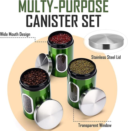 Zopeal 6 Pack Green Canisters Sets For Kitchen 50oz Stainless Steel Kitchen Canisters with Transparent Windows Flour Sugar Container Metal Jar Countertop Set for Coffee Tea Decorative