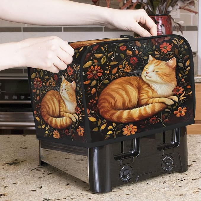 Animal Cat Toaster Cover 4 Slice Wide Slot Washable Toaster Covers | Flower Art Dust and Fingerprint Protection Bread Maker Covers for Kitchen Accessories Decor Bakeware Women Gift