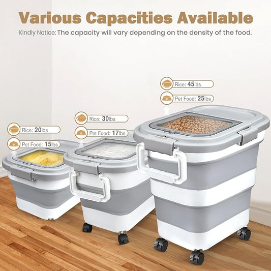 Komzon Rice Storage Container, Collapsible Airtight Food Storage Containers 20-30 Lbs, Rice Dispenser Bin with Cup and Scoop for Flour Cereal Pasta Grain, Cat Bird Pet Dog Food Storage Container