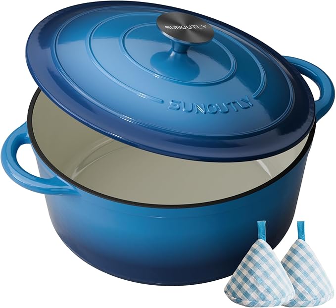 Enameled Cast Iron Dutch Oven - 4.5QT Dutch Oven Pot with Lid & Cotton Potholders - Heavy-Duty Non Stick Casserole Pot for Braising, Stews, Roasting, Baking, Suitable for All Stovetops, Navy Blue