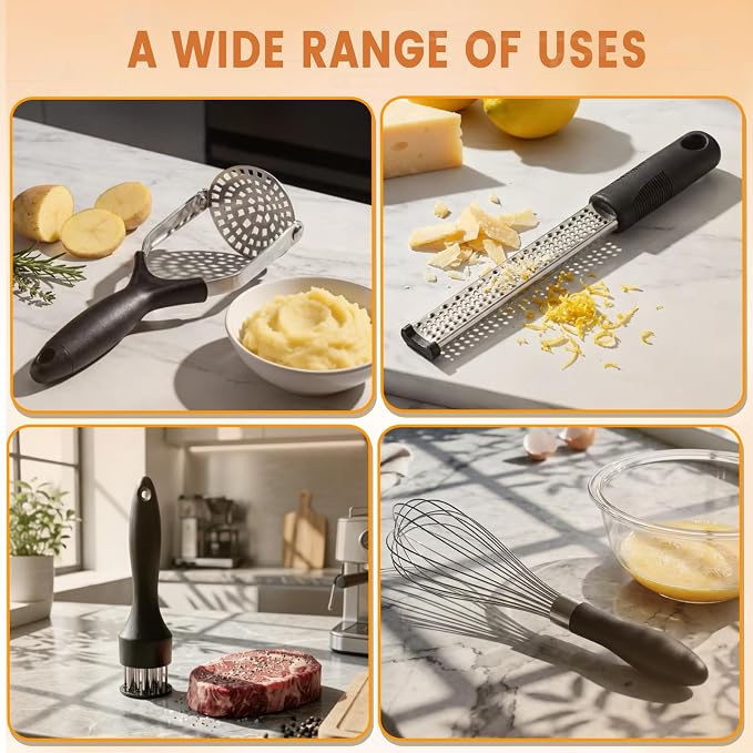 4-Piece Kitchen Gadget Set - Includes Balloon Whisk, Meat Tenderizer, Potato Masher, Grater/Zester, 304 Stainless Steel, Dishwasher Safe