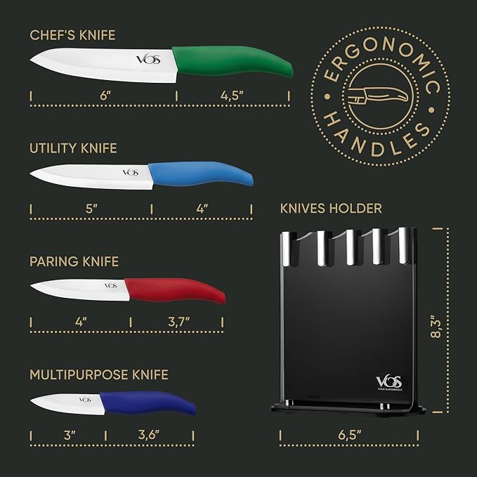 Vos Ceramic Knife Set with Block, Ceramic Knives Set For Kitchen, Ultra Sharp Kitchen Knife Set with Covers, 3" 4" 5" 6" Chef Knife, Utility, Paring & versatile, Light & Dishwasher safe (Multi-Color)