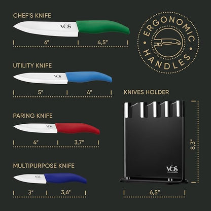 Vos Ceramic Knife Set with Block, Ceramic Knives Set For Kitchen, Ultra Sharp Kitchen Knife Set with Covers, 3" 4" 5" 6" Chef Knife, Utility, Paring & versatile, Light & Dishwasher safe (Multi-Color)