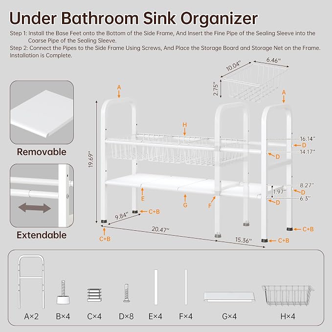 Under Sink Organizers and Storage, 2 Tier Expandable Length Adjustable Height Under Sink Organizer, Easy Assembly Heavy Duty Carbon Steel Space Saving Under Cabinet Shelf Storage Rack