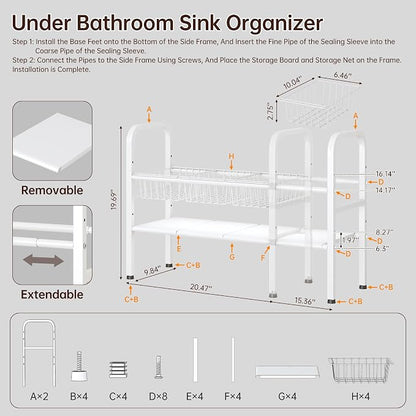 Under Sink Organizers and Storage, 2 Tier Expandable Length Adjustable Height Under Sink Organizer, Easy Assembly Heavy Duty Carbon Steel Space Saving Under Cabinet Shelf Storage Rack