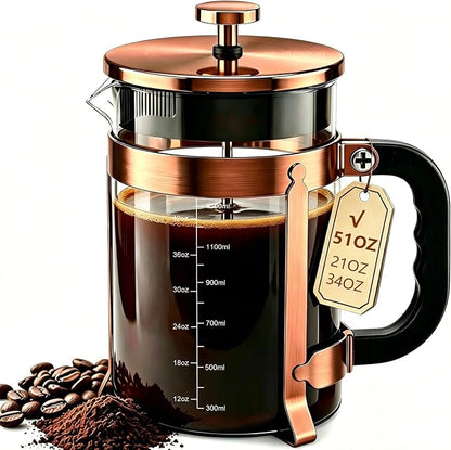 QUQIYSO French Press Coffee Maker, Large French Press with Thick Borosilicate Glass, 304 Stainless Steel Filter, Teapot & Coffee Maker for Home, Office, Party, 51oz, Copper