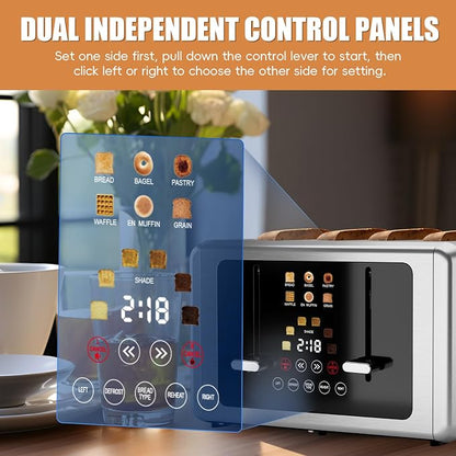 WUNLY 4 Slice Toaster,Touchscreen & Dual Independent Control Panel,5 Basic Functions & Digital Countdown Toasters,6 Shade Settings＆6 Bread Types,Smart Bread Maker Mute/Screen-Off, Stainless Steel