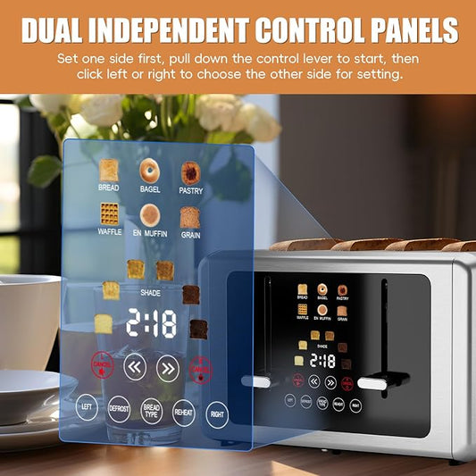 WUNLY 4 Slice Toaster,Touchscreen & Dual Independent Control Panel,5 Basic Functions & Digital Countdown Toasters,6 Shade Settings＆6 Bread Types,Smart Bread Maker Mute/Screen-Off, Stainless Steel