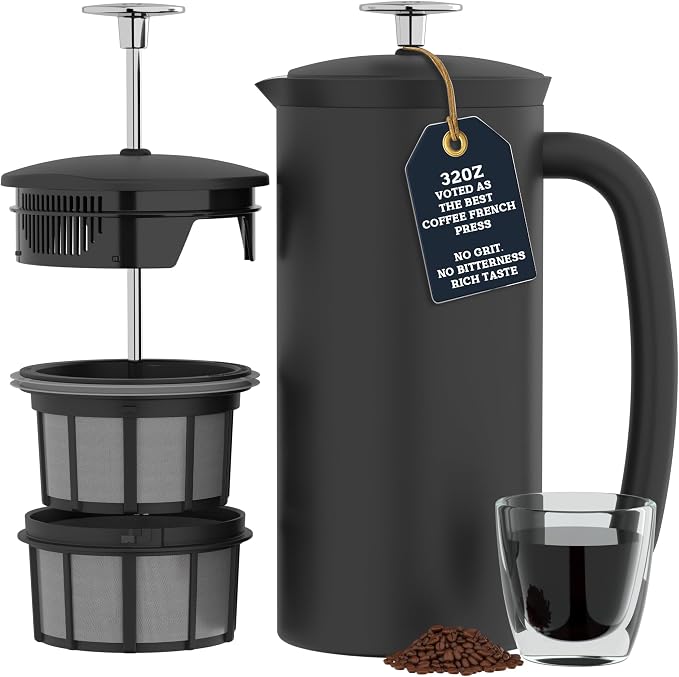 ESPRO Pro P7 French Press Stainless Steel 304 – Patented Double Walled Micro-Filter Insulated French Press Coffee Maker, Grit-Free Brew - Heat Resistant BPA Free Coffee Maker - Matte Black - 32oz