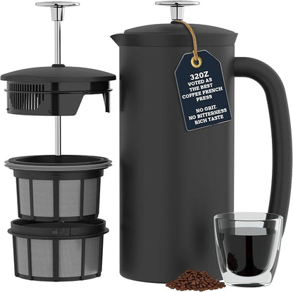 ESPRO Pro P7 French Press Stainless Steel 304 – Patented Double Walled Micro-Filter Insulated French Press Coffee Maker, Grit-Free Brew - Heat Resistant BPA Free Coffee Maker - Matte Black - 32oz