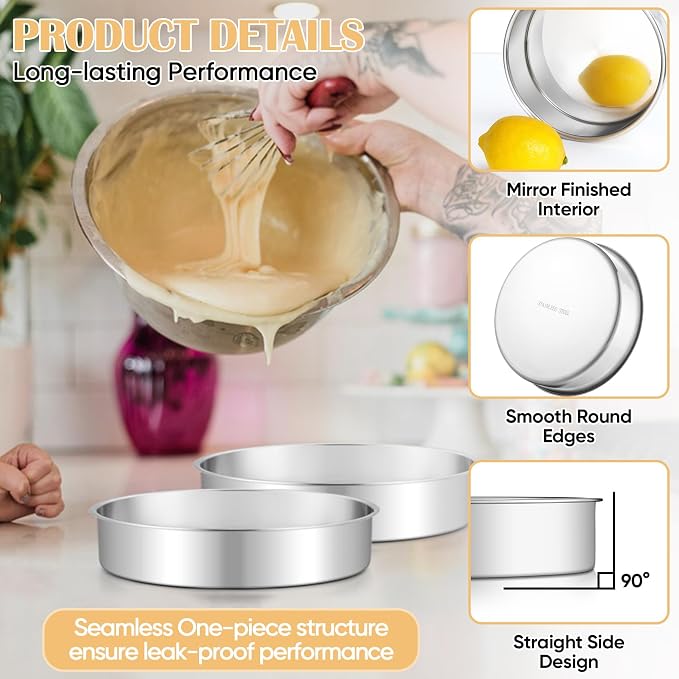 TeamFar 9 Inch Cake Pan, Stainless Steel Round Layer Cake Baking Pans Tins for Birthday Wedding, Non-Toxic & Heavy-Duty, Mirror Finish & Leak Proof, Oven & Dishwasher Safe, Set of 2