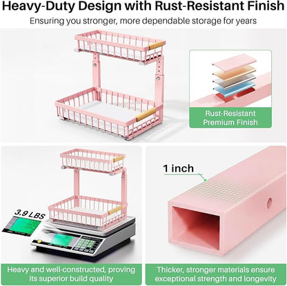 Kitstorack Under Sink Organizer, 2 Tier Under the Sink Storage, Slide out Pull out Cabinet Organizer Shelf, Metal Sliding Drawer for Kitchen Bathroom Pantry Closet Organization Rack, Pink, 2 Pack