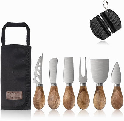 Charcuterie Board Accessories - 6 Piece Cheese Knife Set Stainless Steel With Acacia Wooden Handle for Cheese Serving Cutting, Cheese Tools Butter Knife With Storage Bag Included Gift Set
