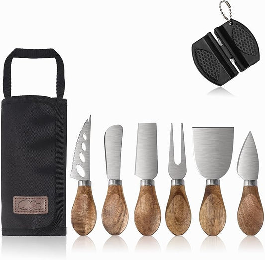 Charcuterie Board Accessories - 6 Piece Cheese Knife Set Stainless Steel With Acacia Wooden Handle for Cheese Serving Cutting, Cheese Tools Butter Knife With Storage Bag Included Gift Set