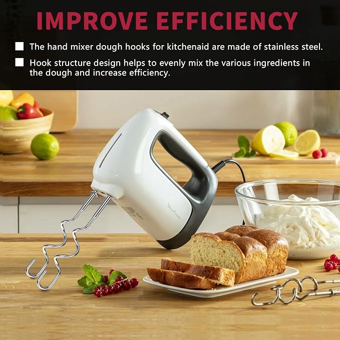New Dough Hook for Hand Mixer Replacement for Kitchenaid Hand Mixer Dough Hooks KHM512, Stainless Steel Dough Hooks Suitable for KHM 5KSM KSM KSMO KSMH Series of Kitchenaid Mixer Hand Held, Set of 2