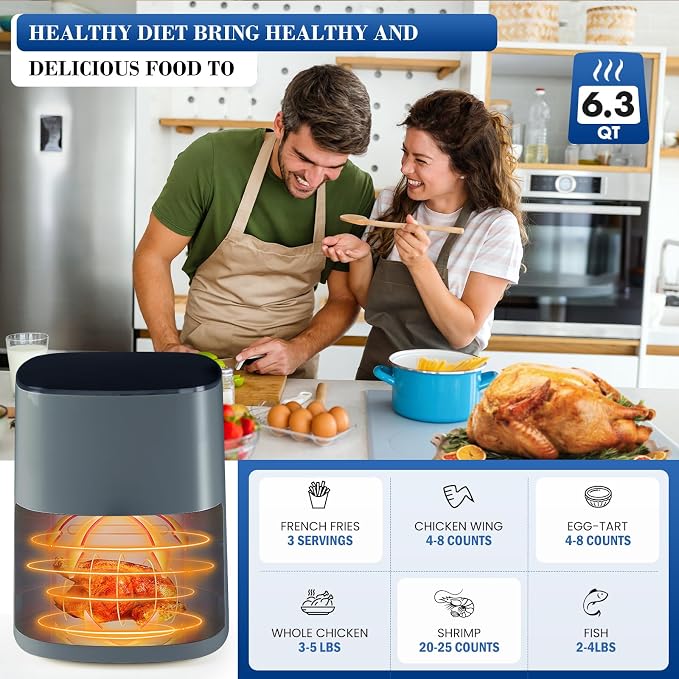 NEWBULIG Air Fryer, 6QT Square Airfryer with Visual Window, 400℉ Fast Heating Air Fryers Oven with Timer, Auto-Off, Non Toxic & Non Stick, Multiple 12 Modes for Roast, Bake, Dehydrate, Fry, Reheat