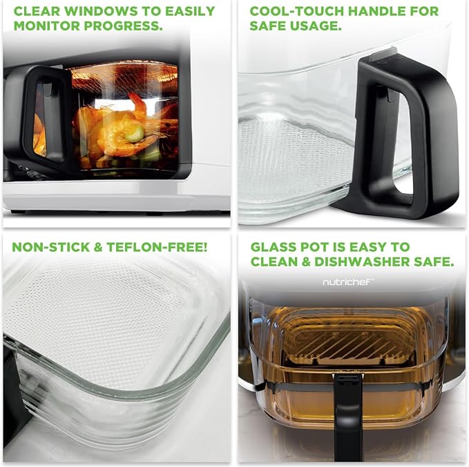 Nutrichef 5.8 Quart Air Fryer | 8-in-1 Preset Cook Modes| Transparent Fry Bowl for Best Cooking Results | Cook Shrimp, Steak, Fries, Wings, Chicken & More | Precise Temperature Control & Time | White