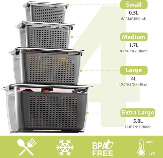 LUXEAR 4 Pack Fruit Containers for Fridge, Vegetable Storage Container with Lids &Removable Colander Produce Saver Organizer for Refrigerator Keep Fruit, Veggie, Berry, Meat Fresh Longer-Grey