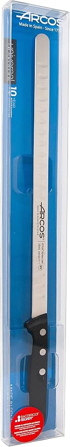 Arcos Salmon Knife/Fish Knife 11 Inch Nitrum Stainless Steel and 290 mm blade. Ergonomic Polyoxymethylene POM Handle. Series Universal. Long, sturdy blade and serrated edge. Easily cuts. Color Black