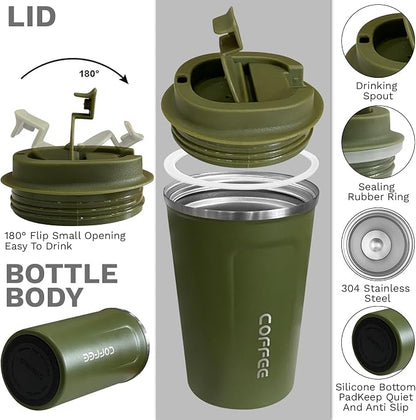 YINBAOGE Insulated Travel Coffee Mug, Spill & Leak Proof, Portable To Go Camping Stainless Steel Coffee Tumbler, Reusable Thermal Coffee Cup with Lid for Hot & Cold Drinks (2nd-Green, 12 OZ)