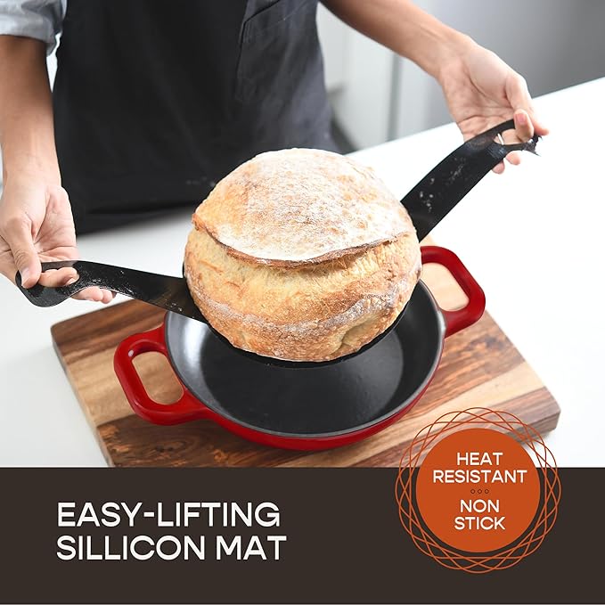 Krustic Enameled Cast Iron Dutch Oven for Sourdough Bread Baking | 6 Quart Round Pot with Lid | 10 Inch Ceramic Enamel Thick Coated Cookware Set with Non Stick Silicone Baking Mat for Cooking | 6 Qt | Red