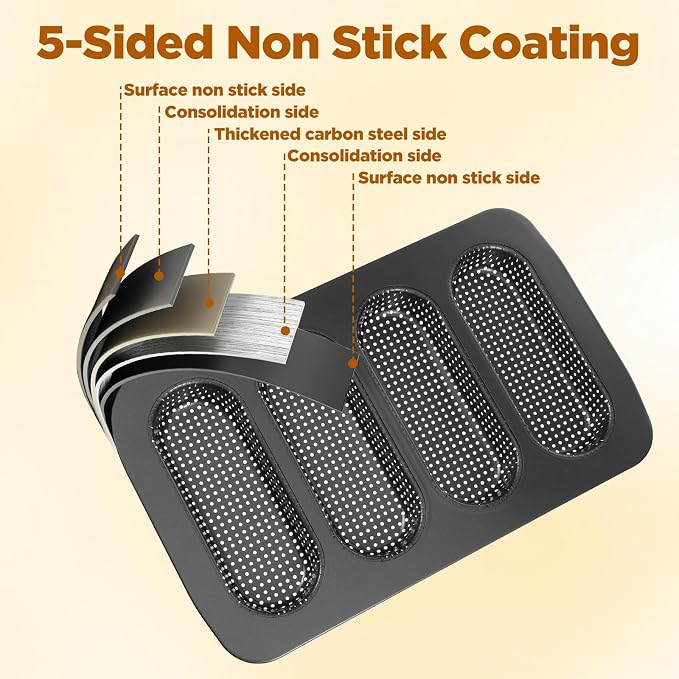 2 Pcs Hot Dog Bun Pan, 4 Cavity Perforated Carbon Steel Bread Loaf Pan, Nonstick & Heat Resistant for Homemade Buns, Mini Baguettes & Sandwich Baking, Bun Rolls, Dishwasher Safe (PFOA-FREE)