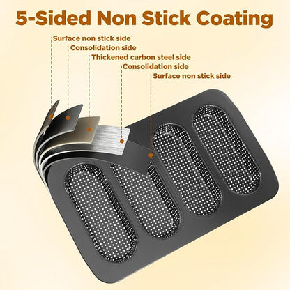 2 Pcs Hot Dog Bun Pan, 4 Cavity Perforated Carbon Steel Bread Loaf Pan, Nonstick & Heat Resistant for Homemade Buns, Mini Baguettes & Sandwich Baking, Bun Rolls, Dishwasher Safe (PFOA-FREE)