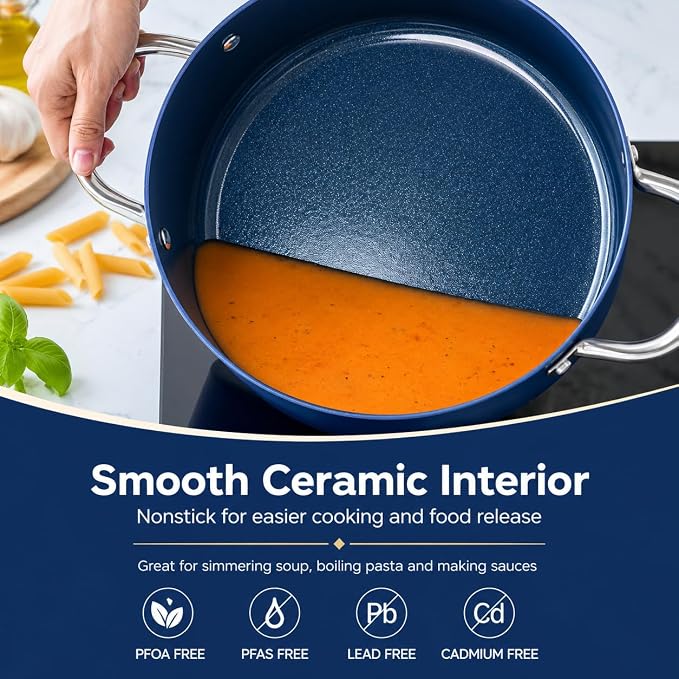 MICHELANGELO 10 Qt Ceramic Nonstick Stock Pot with Lid, Induction Ready | Ceramic nonstick coating | Stainless steel construction | Stay-cool handles | Ideal for chili, seafood boils and batch meals