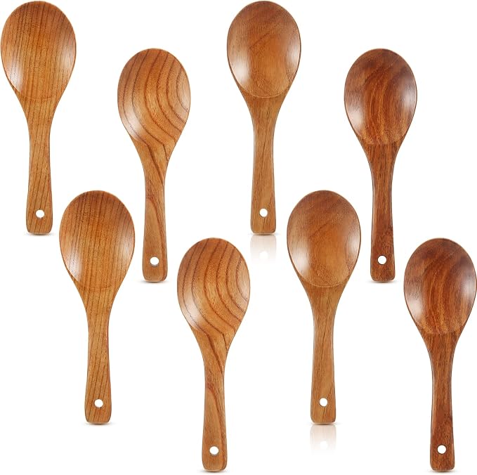 Patelai 8 Pieces 9 Inch Wooden Spoons for Cooking Eating with Long Handle, Nonstick Heat-resistant Serving Salad Stirring Soup Rice Paddle for Serving Kitchen Cooking Home Table Scooper
