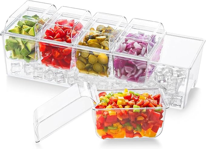 Lifewit Chilled Condiment Caddy with 5 x 20 oz Containers, Compact 15" Garnish Tray with Lids for Bartenders, Taco Bar Party Serving Set & Dirty Soda Bar Supplies, Ideal for Fruit, Salad, Toppings