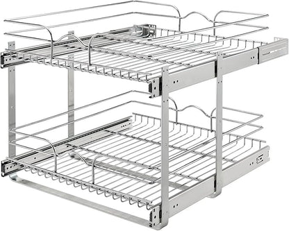 Rev-A-Shelf 2-Tier Pullout Shelf and Drawer Organizer for Kitchen Cabinets, Slide Out Storage Basket, Min Opening Width of 23.5", 24" x 22", 5WB2-2422-CR-1