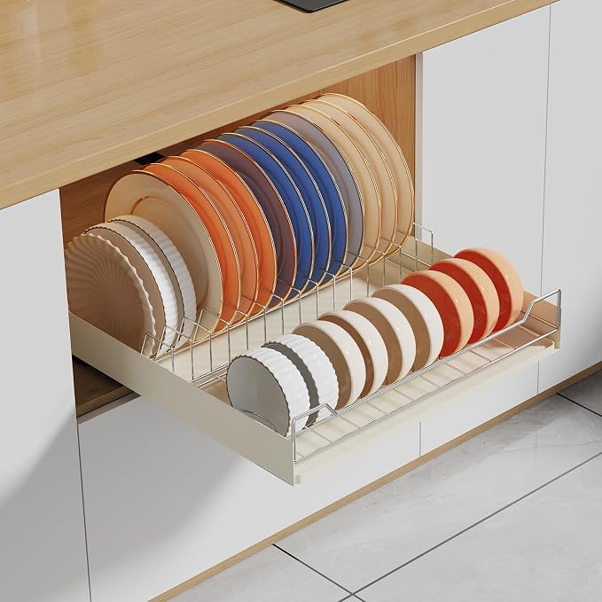 LinTimes Expandable Pull Out Cabinet Organizer, Stainless Steel + Carbon Steel Cabinet for Framed Cabinets, Upgrade Slide Rails Slide Out Drawers, Dish Combination Shelf, 42.3 * 40 * 7.5cm White