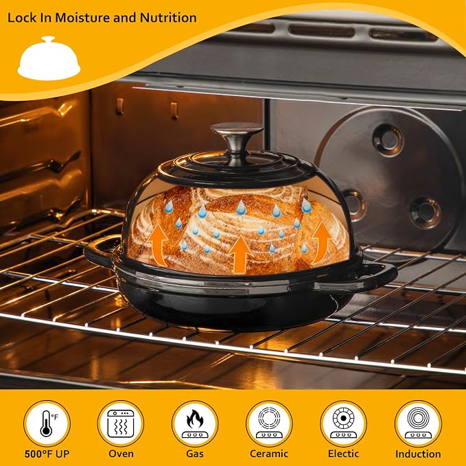 Velaze Enameled Cast Iron Dutch Oven for Bread Baking,5 QT Bread Oven Pot with Dome Lid for Crispy Artisan Bread & Bakery-Style Homemade Loaves(Black)