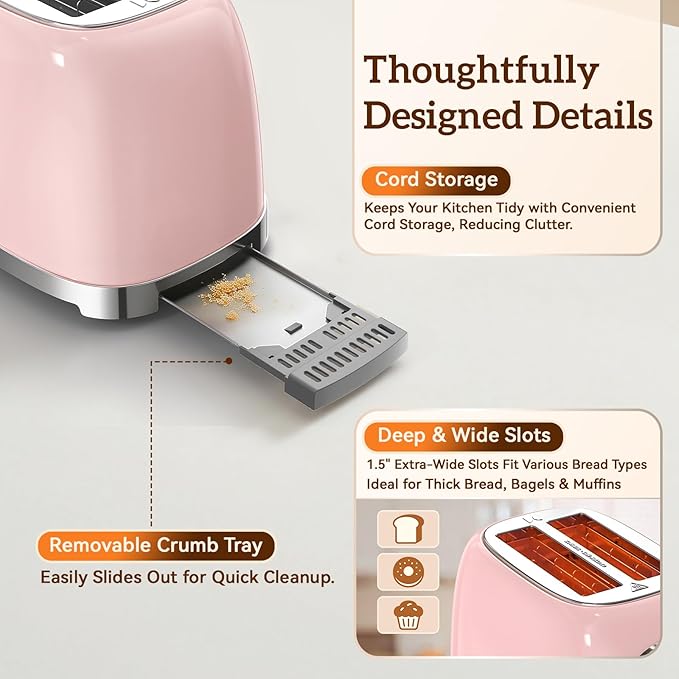 RONGBEST Retro Toaster 2 Slice Stainless Steel with Wide Slot Touchscreen for Breakfast Bagel & Bread, Reheat & Defrost, 6 Browning Levels, Removable Crumb Tray, Blush Pink