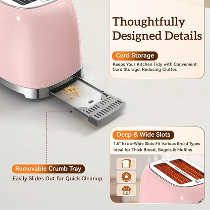 RONGBEST Retro Toaster 2 Slice Stainless Steel with Wide Slot Touchscreen for Breakfast Bagel & Bread, Reheat & Defrost, 6 Browning Levels, Removable Crumb Tray, Blush Pink