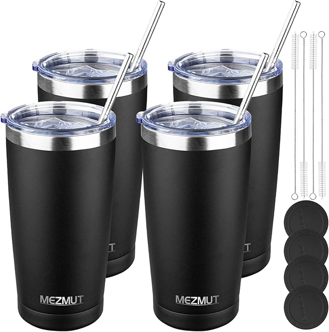 MEZMUT 20oz Tumbler Coffee Travel Mug with Lid and Straw, 4 Pack Stainless Steel Double Wall Vacuum Spill Proof Insulated Tumbler, Hot or Iced Coffee Cups for Drinks (4Pcs, Black)