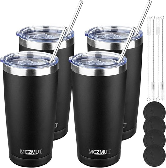 MEZMUT 20oz Tumbler Coffee Travel Mug with Lid and Straw, 4 Pack Stainless Steel Double Wall Vacuum Spill Proof Insulated Tumbler, Hot or Iced Coffee Cups for Drinks (4Pcs, Black)