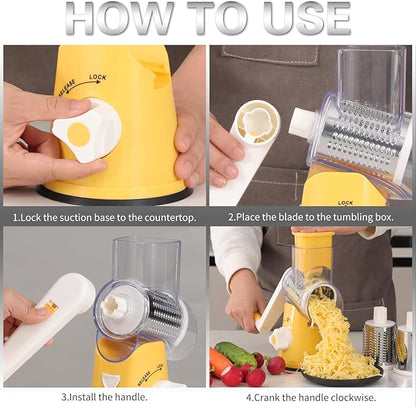 Cambom Rotary Cheese Grater Hand Crank Cheese Shredder for Fresh Cheese, Vegetable, Nuts,Non-slip Suction Base, Free Cleaning Brush Three Blades,Yellow