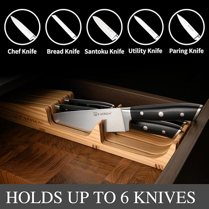 In-Drawer Knife Block with 5 Pieces Knives, Bamboo Knife Drawer Organizer for Kitchen, Perfect for Home and Chefs, Premium Knife Holder, Slots for 5 Knives Kitchen Drawer, Counter Top