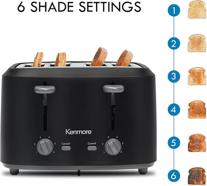 Kenmore 4-Slice Toaster with Dual Controls, Matte Black and Grey, Wide Slots, Self-Adjusting Bread Guides, Adjustable Browning, 6 Shade Settings, Toast, Bagels, Waffles, English Muffins, Small