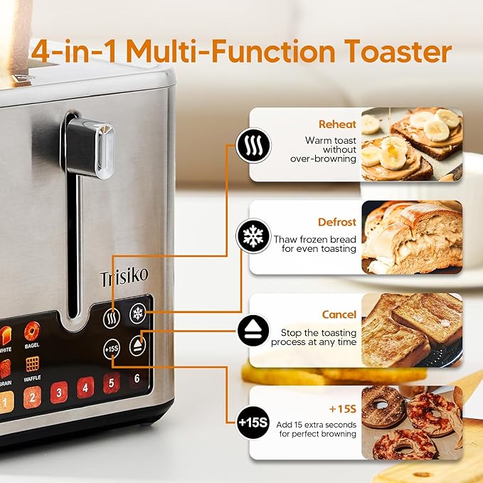 Touch Screen Electric Toaster 2 Slice, Stainless Steel Smart Toaster with Digital Timer, 1.38" Extra-Wide Slots for Bread& Bagel, Great for Home, Office,Dorm