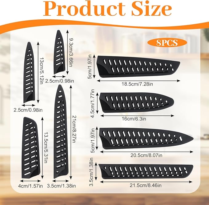 8 Pcs Universal Knife Guards Set, Plastic Safety Knife Covers Black Knives Sheath Blade Protector Kitchen Knives Sheath for Paring Utility Bread Chef Knifes