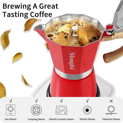 Mongdio Stovetop Espresso Maker Moka Pot, Cuban Coffee Maker Stove top coffee maker Moka Italian Espresso Greca Coffee Maker Brewer Percolator, 9 Espresso Cups, 15 oz - Red